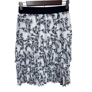 Nuance Women's 12 Off White Black Floral Pleated Tiered Midi Skirt New